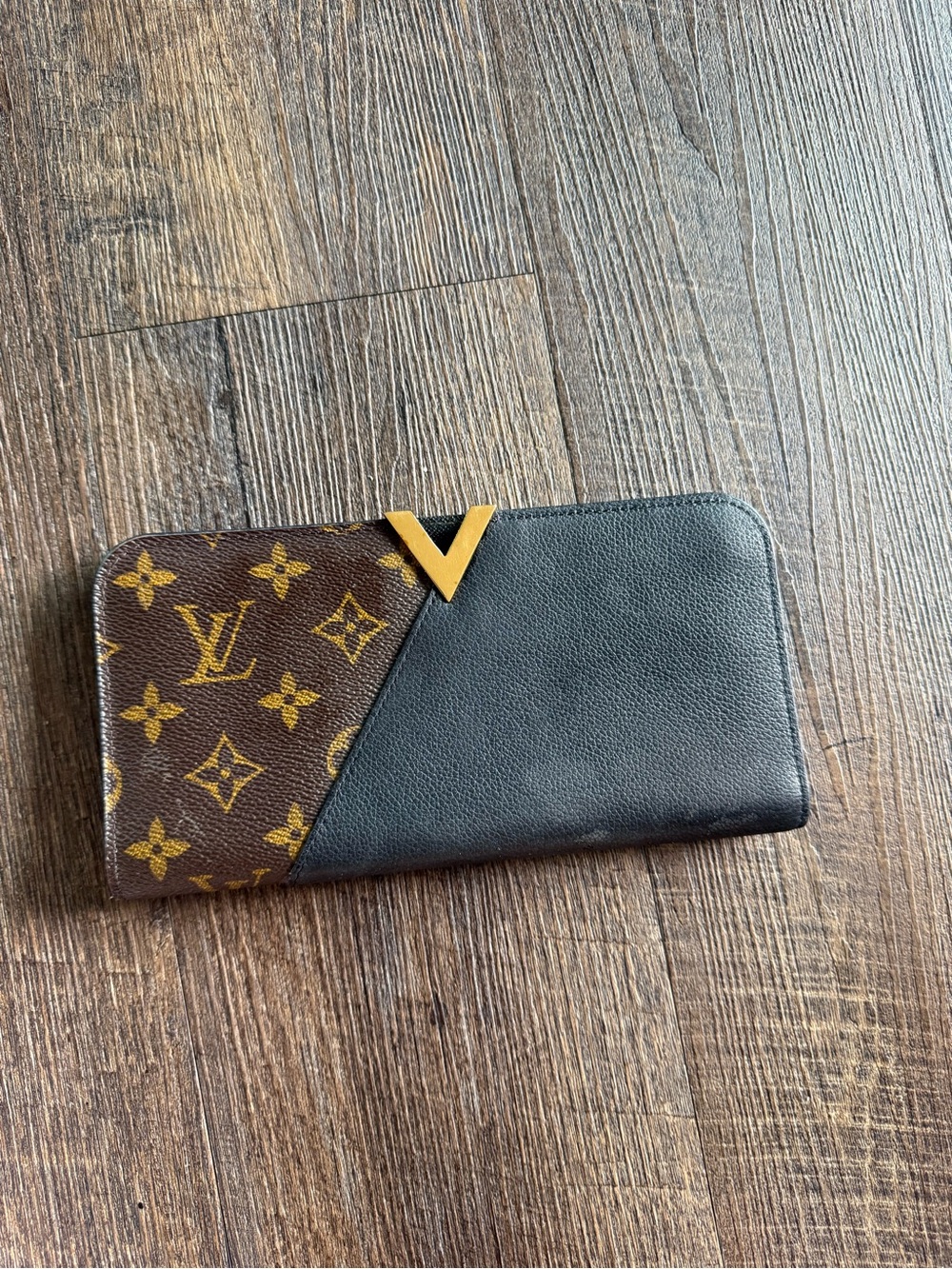 Louis Vuitton Brown Monogram and Black Leather wallet with Gold V